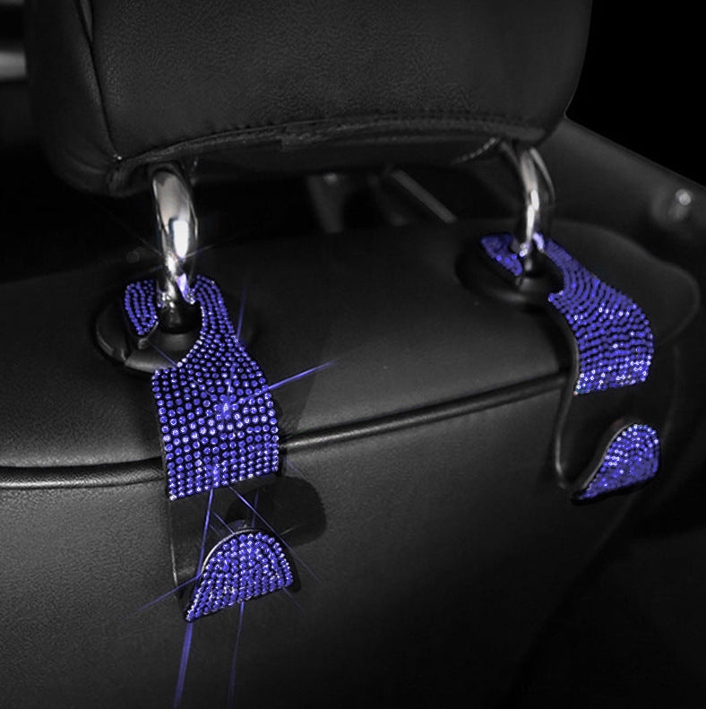Blue crystal rhinestone bling headrest hooks on luxury car seat