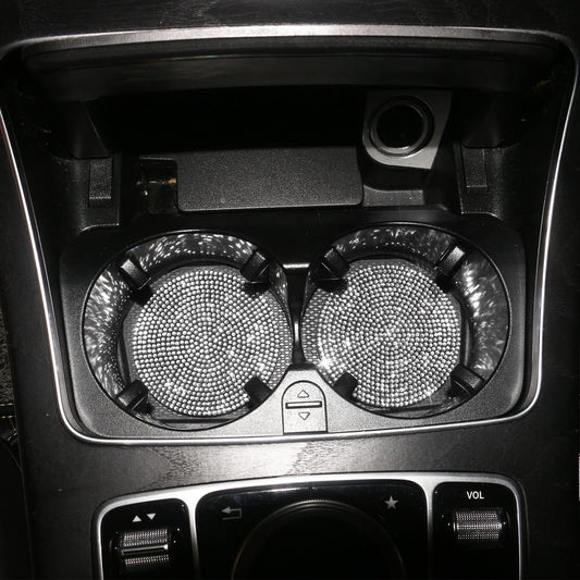 Bling car cup holder coasters with sparkling crystal rhinestones in vehicle interior