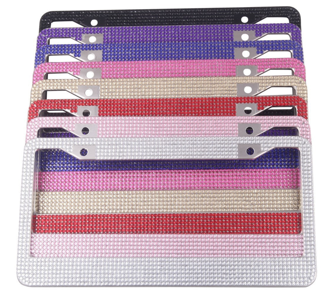Assorted Full-Pave Diamond License Plate Frames in multiple colors, ideal for stylish vehicle personalization and luxury decor.