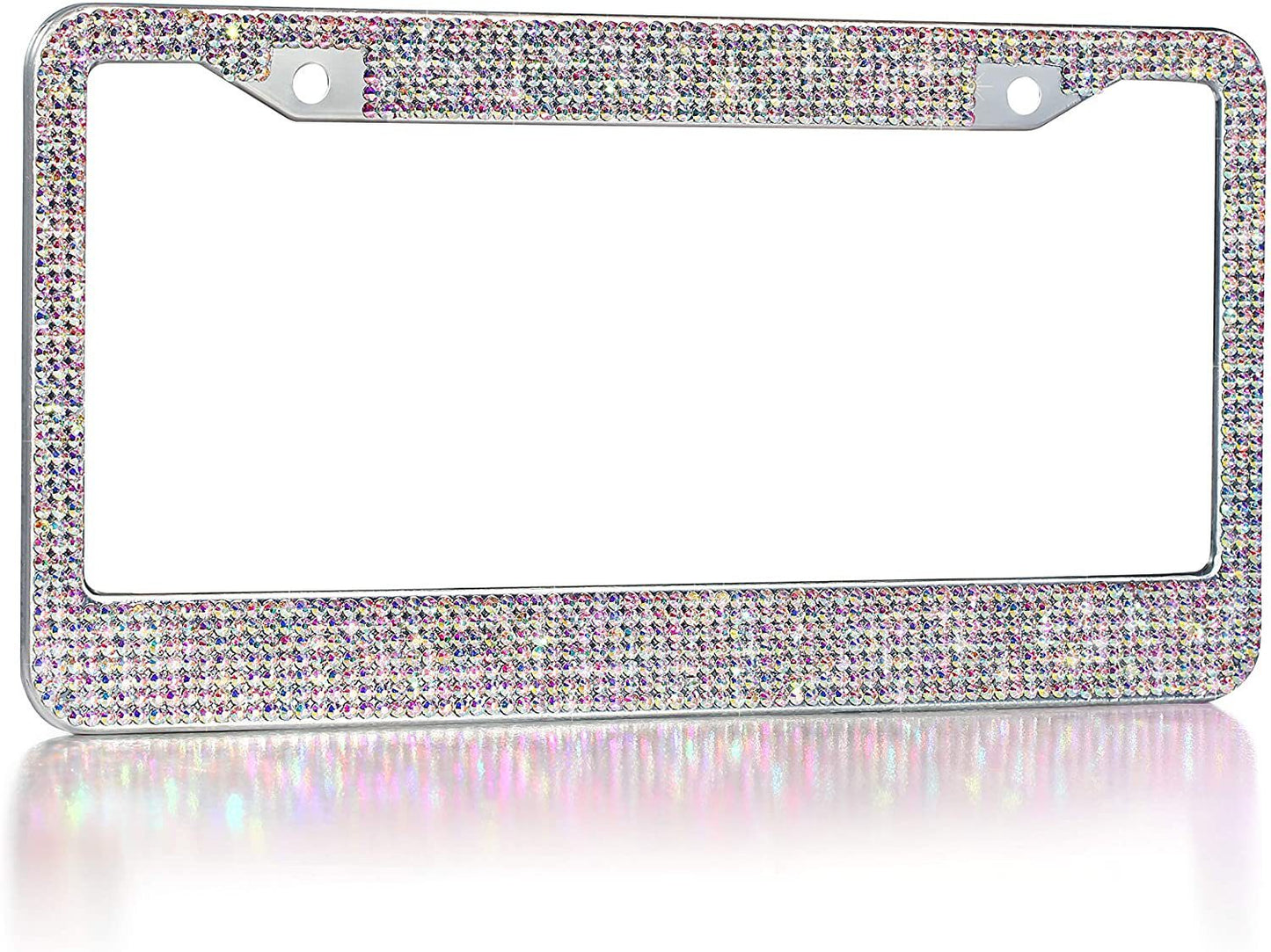 Iridescent Full-Pave Diamond License Plate Frame reflecting light, designed for premium vehicle elegance and glamor.