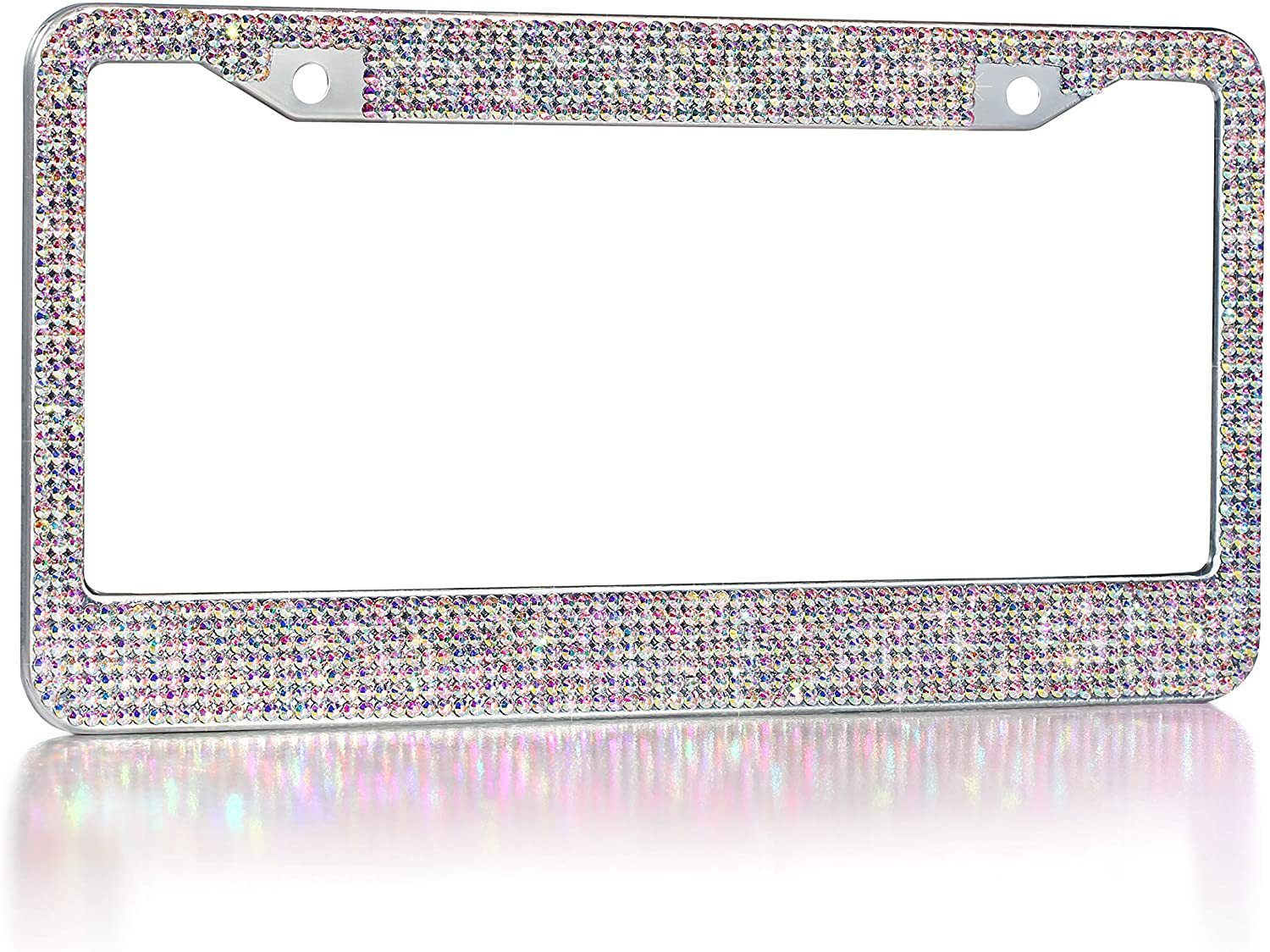 Iridescent Full-Pave Diamond License Plate Frame reflecting light, designed for premium vehicle elegance and glamor.