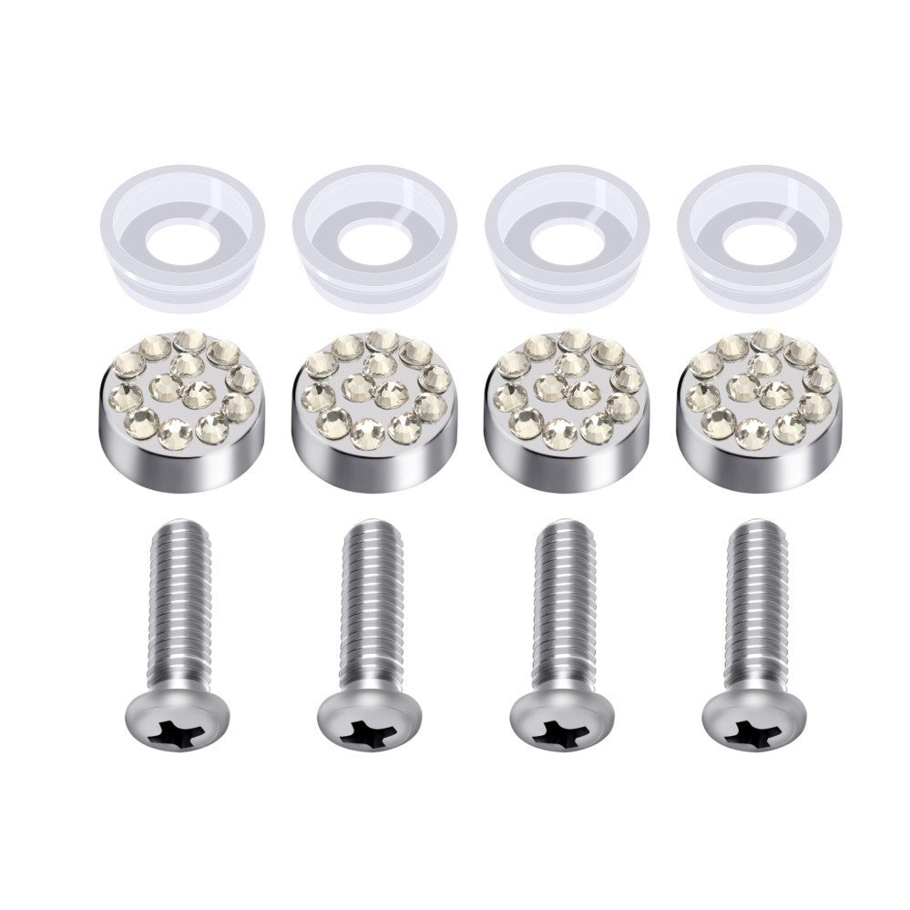 Crystal-studded screw caps and mounting hardware for Full-Pave Diamond License Plate Frame, enhancing luxury auto accessories.