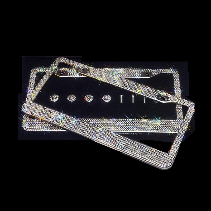 Full-Pave Diamond License Plate Frame - LuxDrive Luxury Auto Accessories set with screws and caps, adding sparkle to vehicle decor.