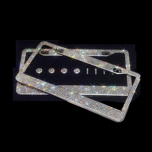 Full-Pave Diamond License Plate Frame - LuxDrive Luxury Auto Accessories set with screws and caps, adding sparkle to vehicle decor.