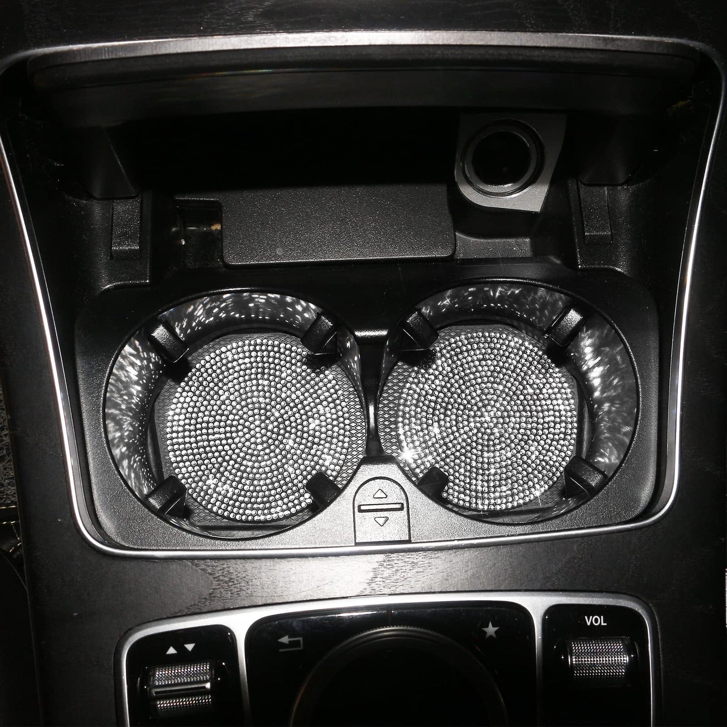 Bling car cup holder coasters with sparkling crystal rhinestones in vehicle interior
