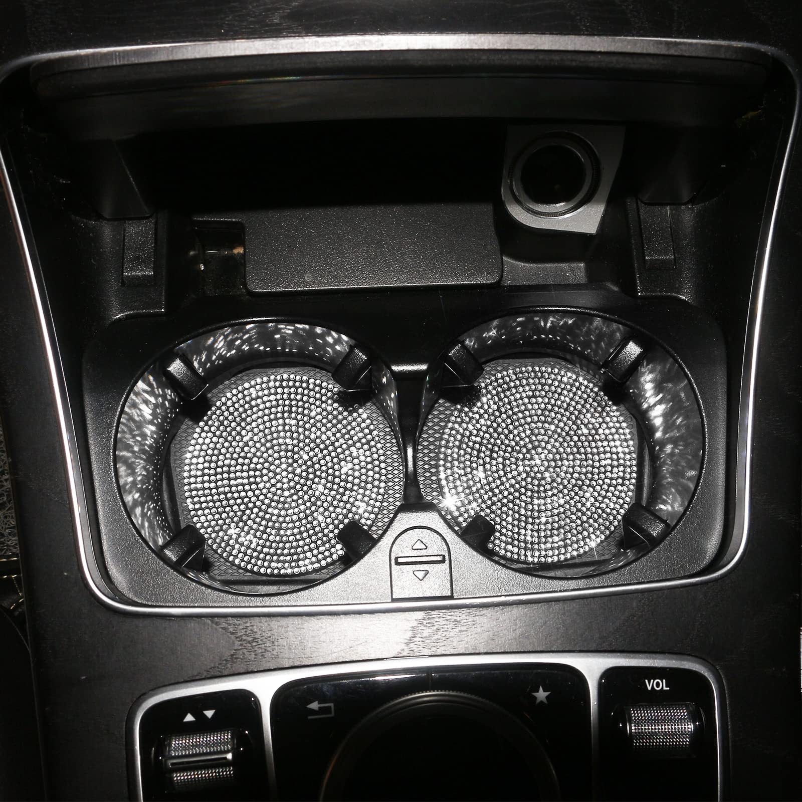 Bling car cup holder coasters with sparkling crystal rhinestones in vehicle interior
