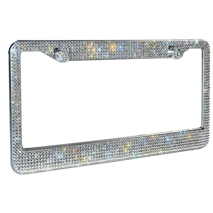 Silver Full-Pave Diamond License Plate Frame with high-shine crystals, elevating car aesthetics with LuxDrive luxury auto accessories.