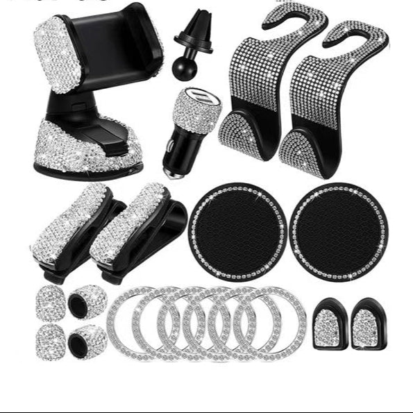 5-piece crystal car accessories set installed in luxury vehicle interior
