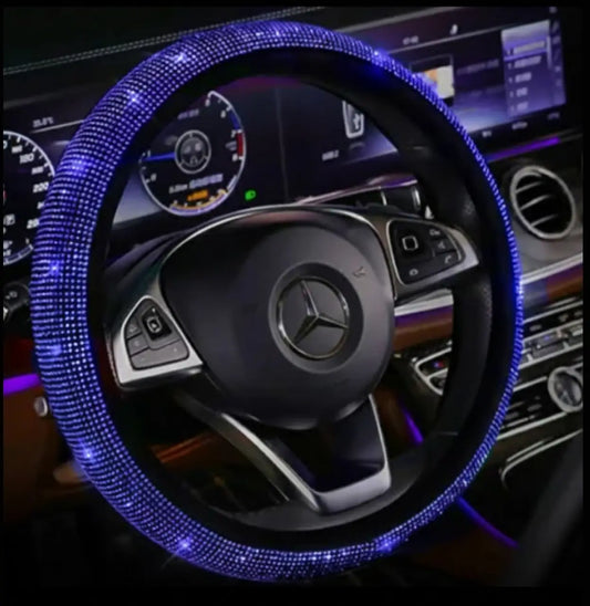 Luxury car steering wheel with blue diamond crystal rhinestone cover