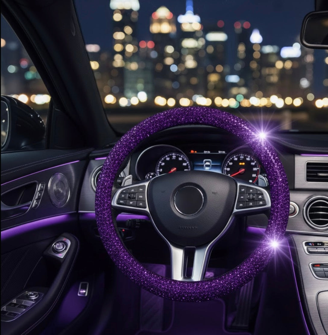 Aurora Crystal-Grip steering wheel cover installed on vehicle showing universal fit and bling design