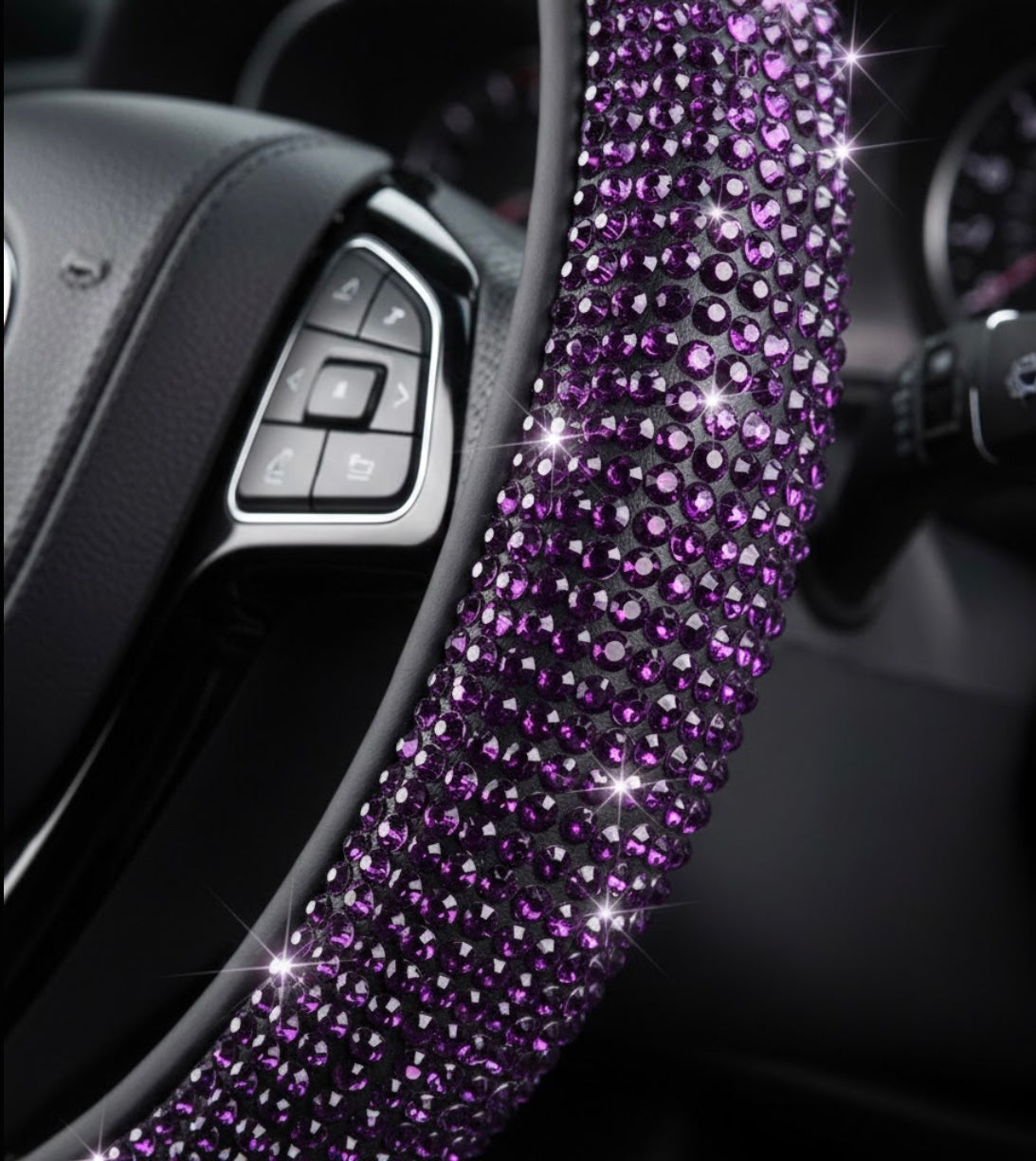 Close-up of Aurora Crystal-Grip steering wheel cover showing crystal detail and non-slip grip texture