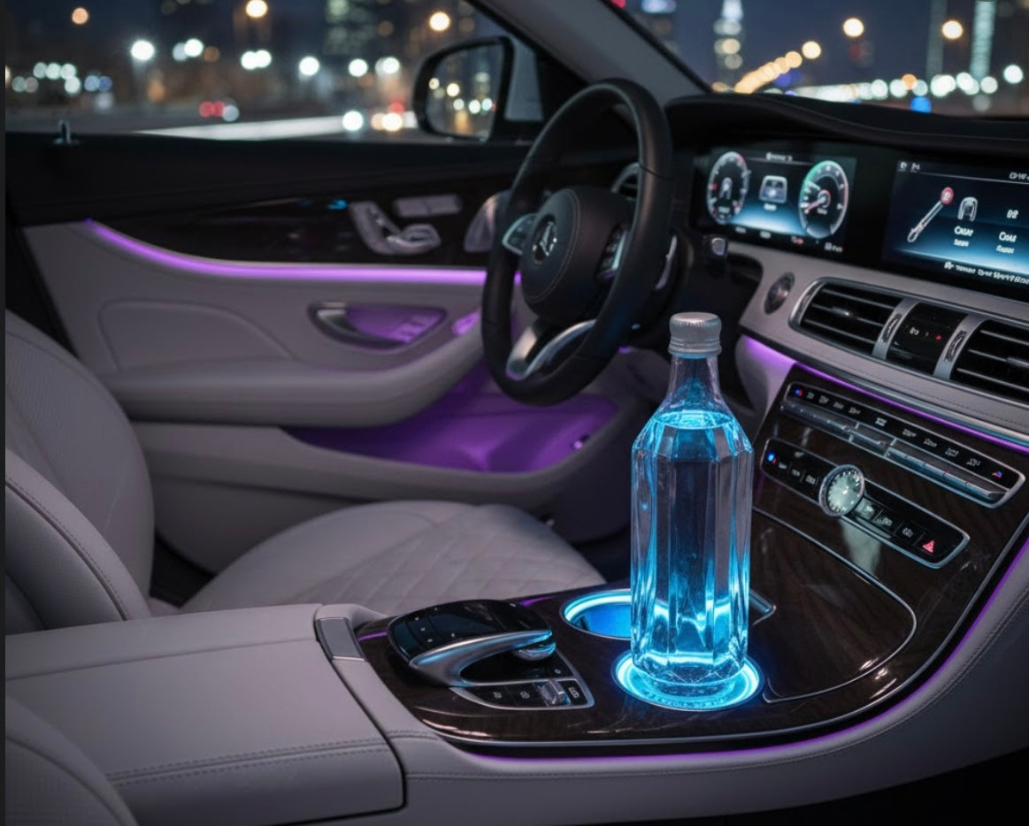 Aurora LED coasters glowing in car cup holders with customizable ambient lighting
