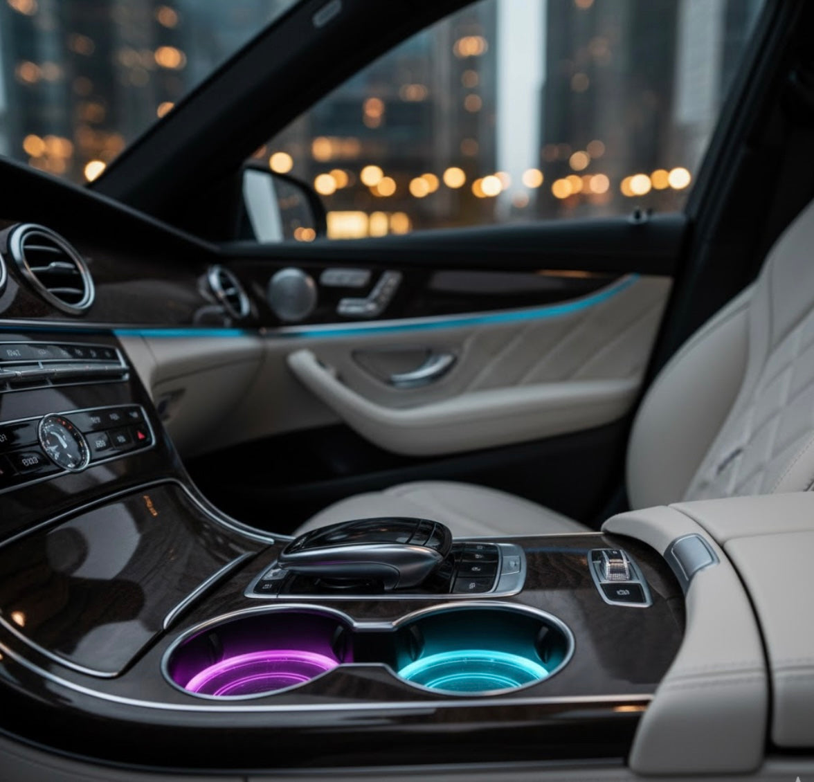 USB rechargeable LED cup holder coasters with ambient glow for luxury car interiors
