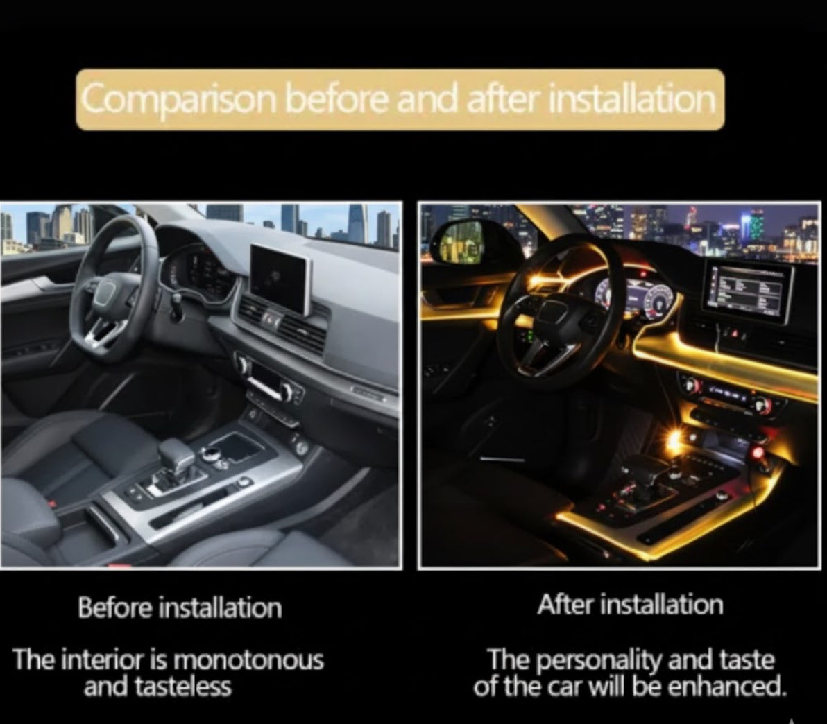 Aura LuxDrive Fiber Optic Car Lighting installed in vehicle interior, showcasing ambient glow around dashboard and console. Dual control with 3 lighting modes enhances car aesthetics.