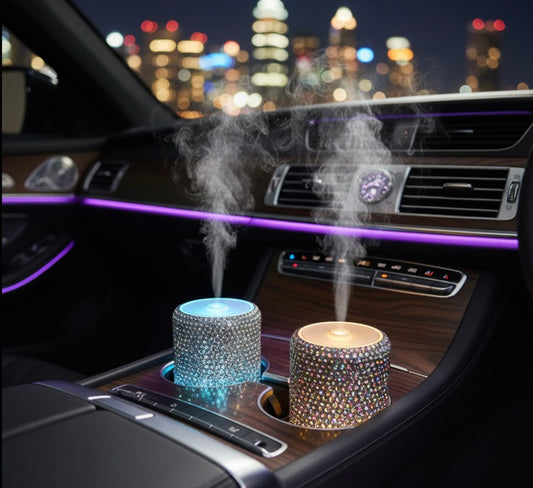 Crystal car air purifier diffuser with radiant mist humidifier for luxury vehicle interiors
