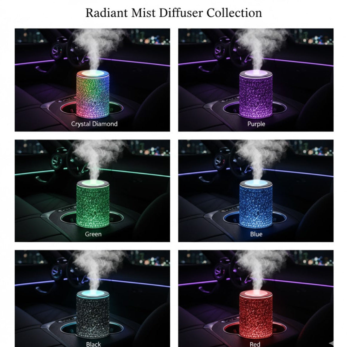 Luxury car air purifier diffuser creating radiant mist in vehicle interior
