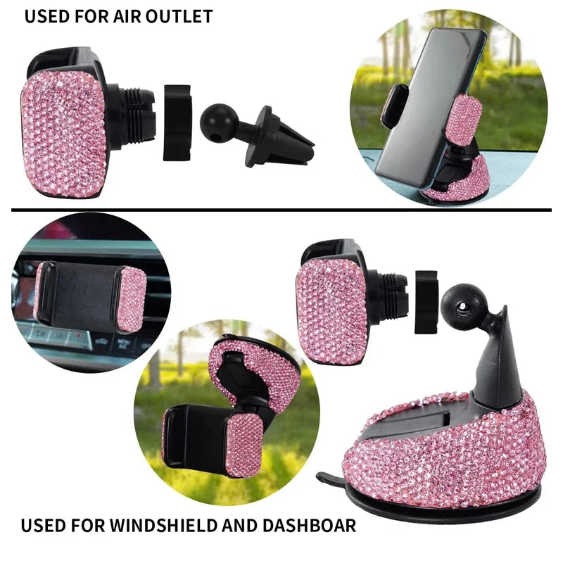 Pink crystal rhinestone phone holder showing air vent clip and dashboard suction mount options