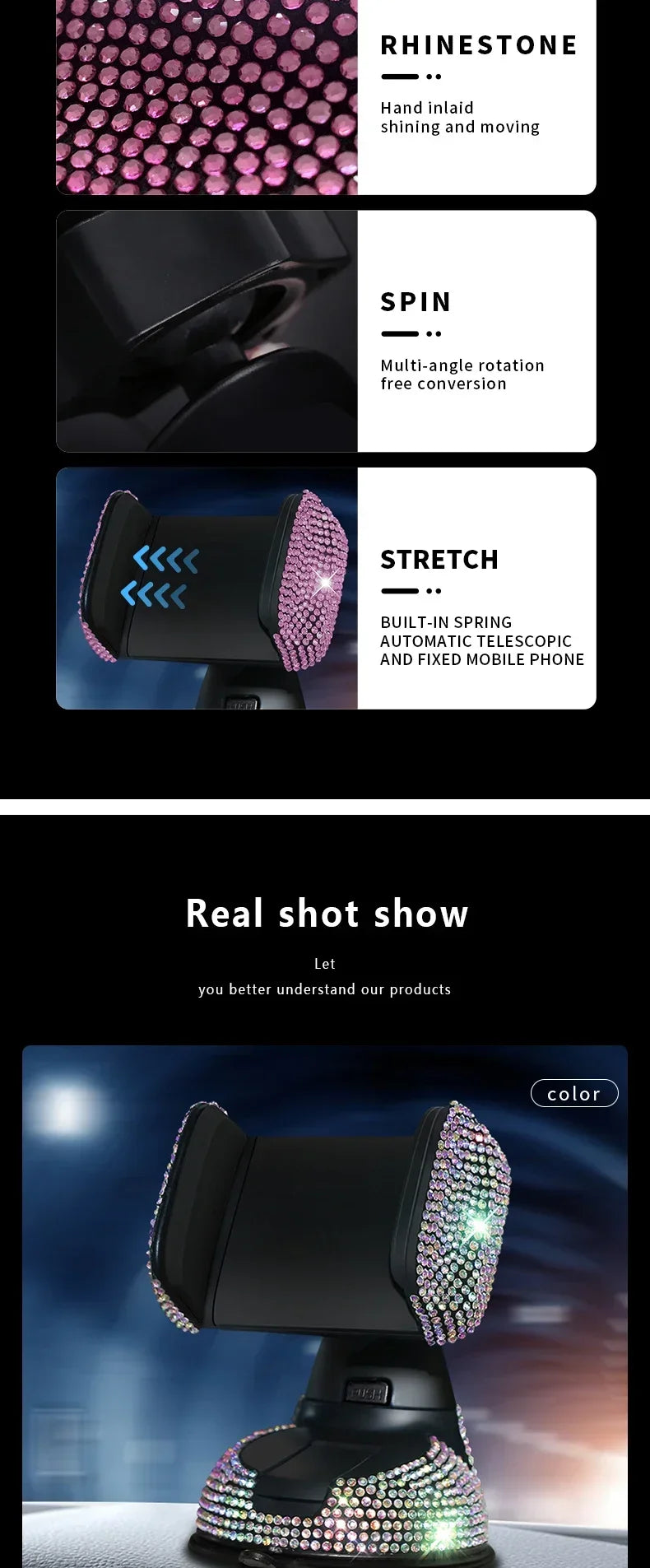 Crystal rhinestone phone holder feature highlights showing rhinestone detail, 360 spin, and stretch compatibility