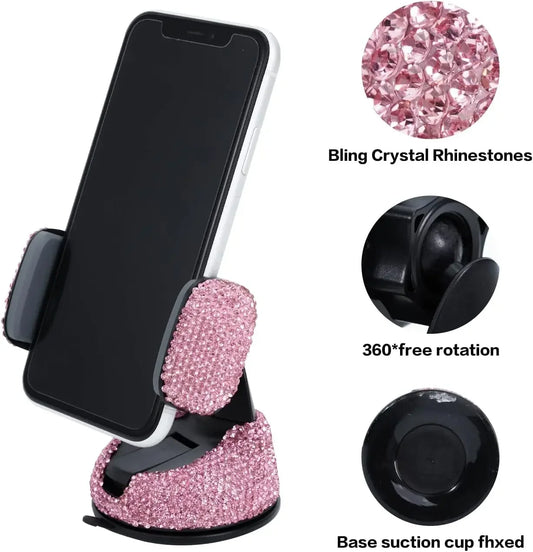 Pink crystal rhinestone phone holder with suction cup base and 360 rotation feature