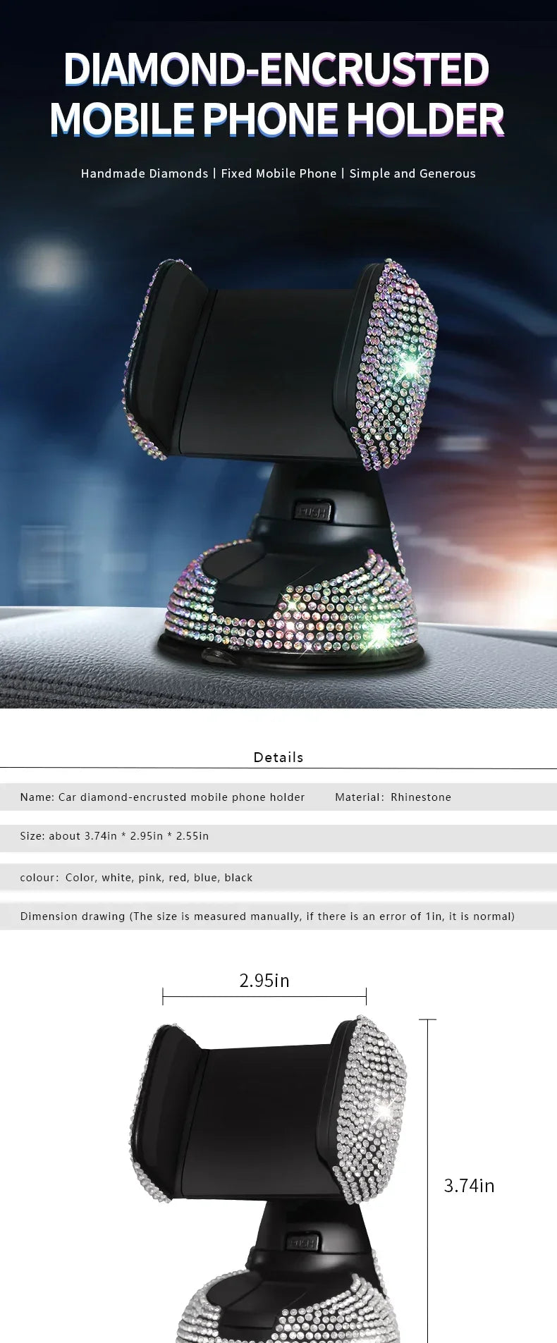 Silver crystal rhinestone phone holder with product details and dimensions diagram