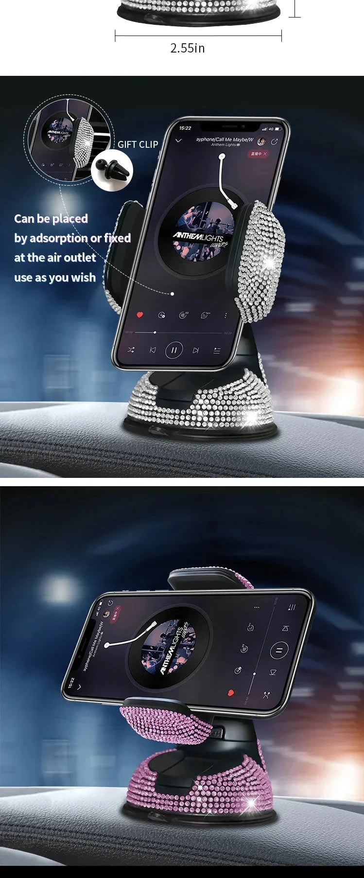 Silver and pink crystal rhinestone phone holders showing 360-degree rotation and adjustable viewing angles