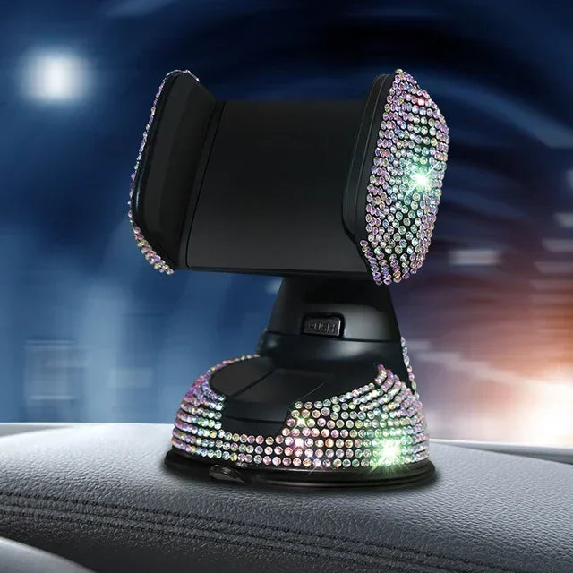 Multicolor crystal rhinestone phone holder with suction cup base on car dashboard