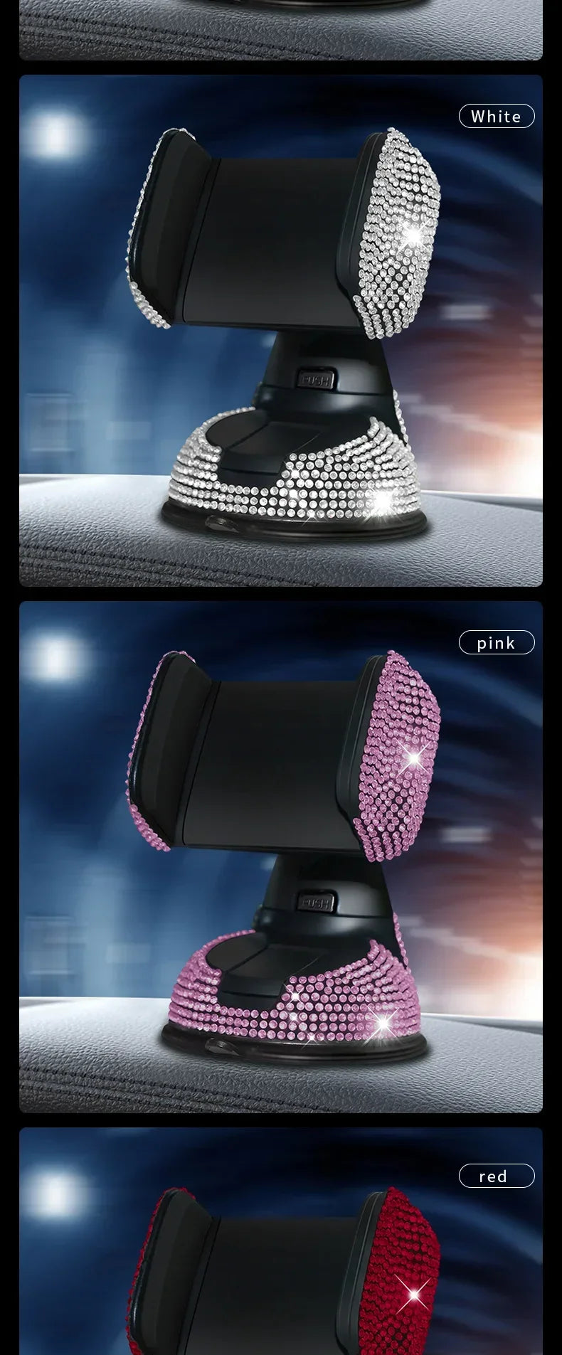 Crystal rhinestone phone holder available in white, pink, and red color options