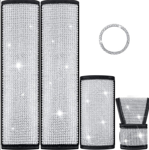 Diamond Luxe Crystal Car Kit featuring 7-piece bling set with rhinestone seat belt covers and ring trim for stylish automotive interiors.