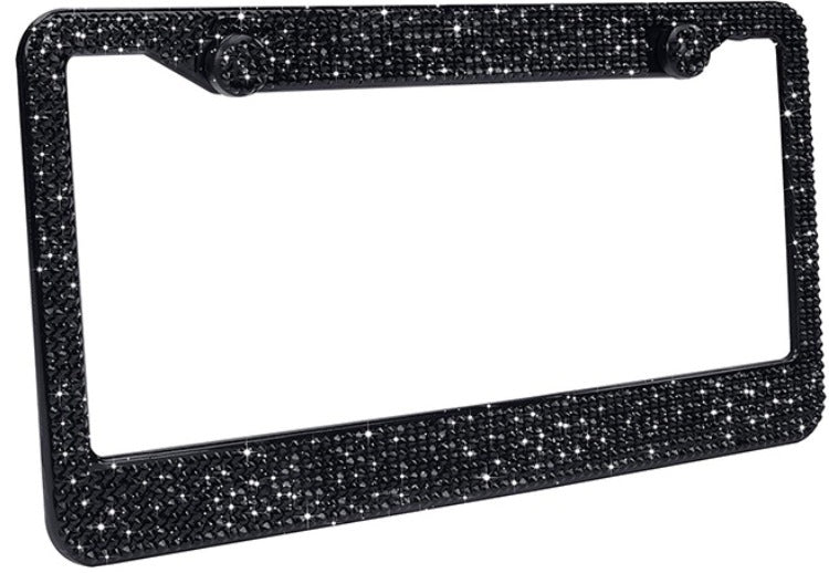 Black Full-Pave Diamond License Plate Frame with shimmering crystals, offering a sleek and luxurious car accessory upgrade.