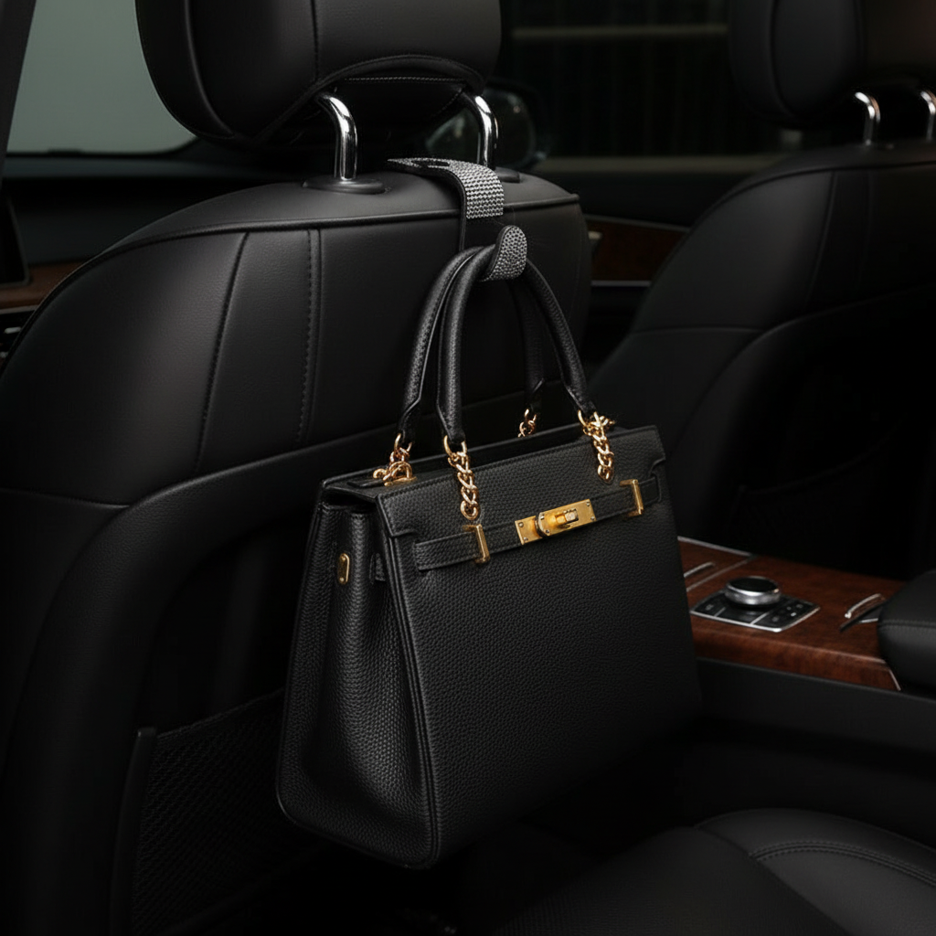 Designer bag hanging from crystal hooks