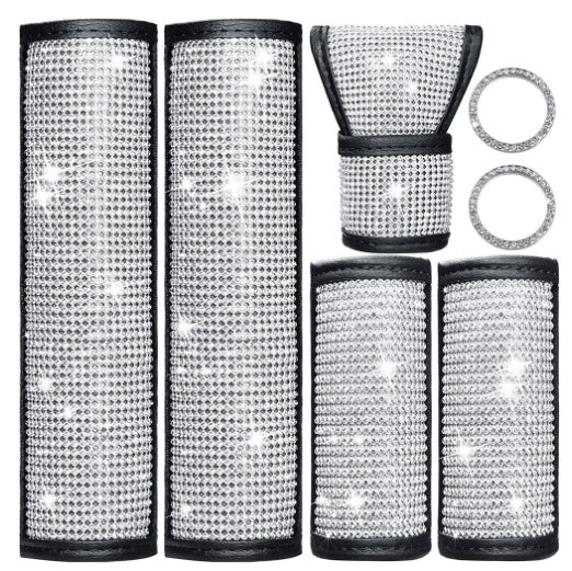Complete 7-piece Diamond Luxe Crystal Car Kit with premium rhinestone seat belt covers and bling rings, perfect for glamorous car customization.