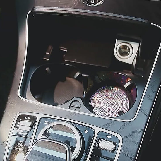Crystal rhinestone cup holder coasters demonstration video showing bling sparkle in luxury car interior
