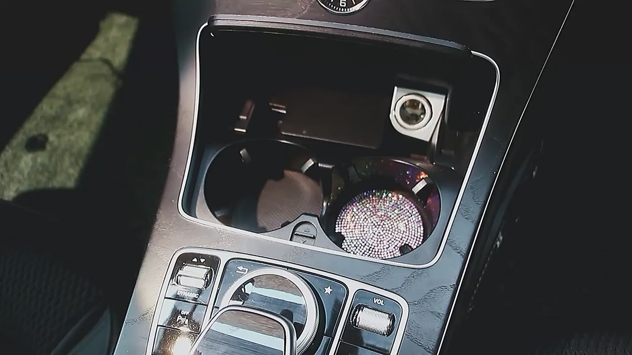 Crystal rhinestone cup holder coasters demonstration video showing bling sparkle in luxury car interior
