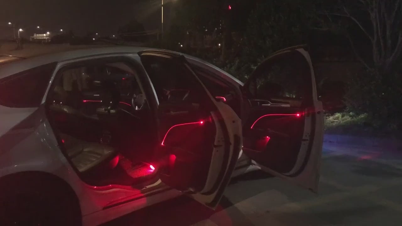 Fiber optic car lighting demonstration video showing elegant ambient glow effects in luxury vehicle interior
